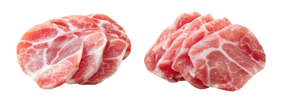 Set of fresh raw meat cuts, sliced pork collar, isolated on transparent background. Fresh meat for cooking, food preparation, and advertisement.