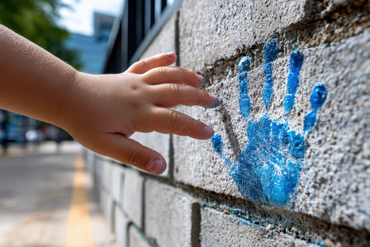 Child touches blue handprint on concrete wall in urban setting during daytime
