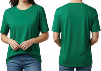 Green t shirt front and back isolated on transparent background