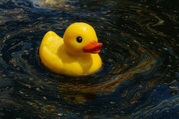 Yellow duck floating on dark water with swirling oil patterns. The playful rubber duck contrasts with the glossy water and colorful oil, creating a surreal and vivid abstract scene
