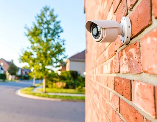 Security camera on a brick wall, suburban neighborhood