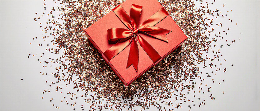 red gift box with confetti on white background
