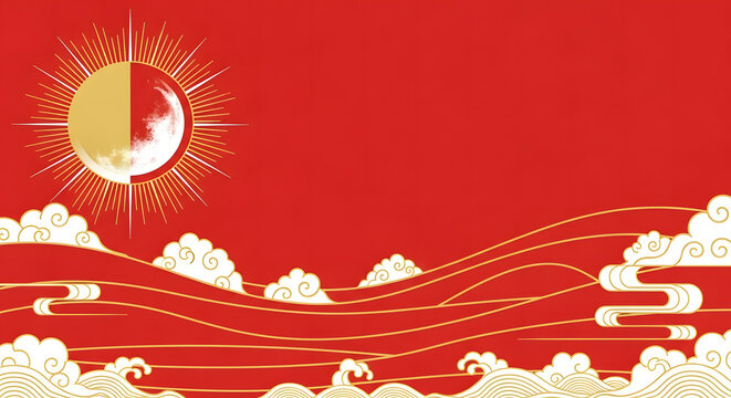 Stunning Chinese New Year backdrop with golden sun, clouds, and waves creating a vibrant and festive atmosphere for your holiday designs