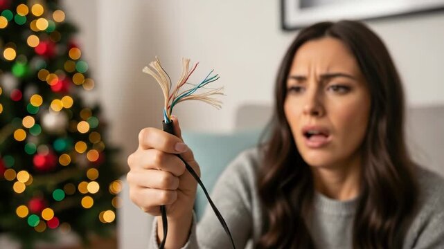 Woman discovers broken cable with frustration in festive living room