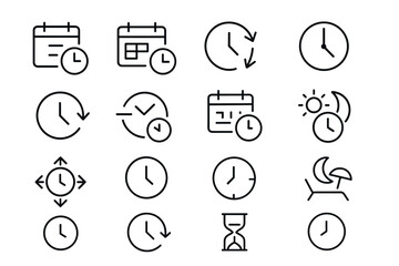Outline icons of time management: clocks, calendars, and hourglasses for efficient planning