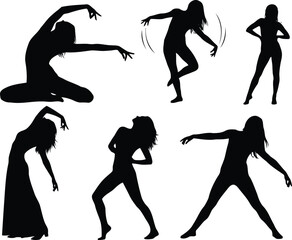 Dynamic silhouettes of female dancers in various graceful and expressive poses, isolated on