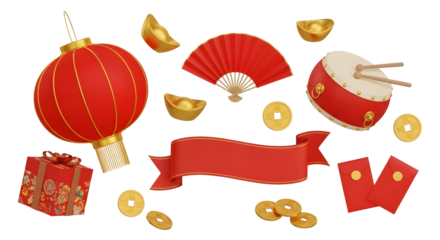 Celebrate Lunar New Year with this collection of festive elements including a red lantern, drum, fan, and gold coins for a prosperous holiday season