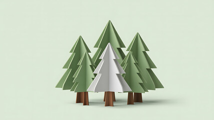 A group of stylized paper trees, one white among green, on a light green background