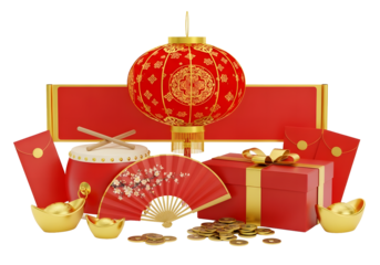 Celebrate prosperity and good fortune with vibrant lunar new year gifts, red envelopes, and golden symbols for a festive holiday celebration