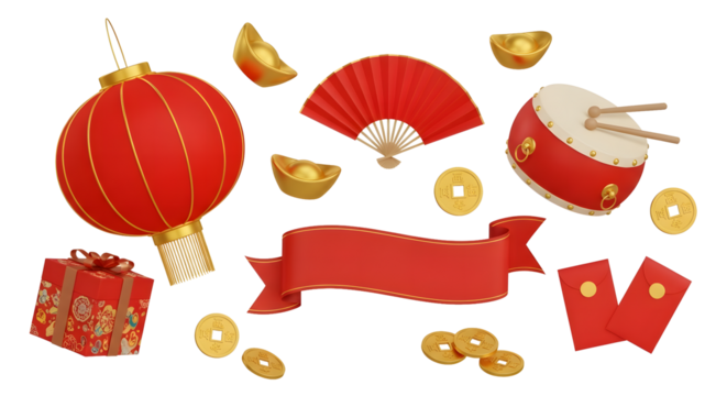 Celebrate Lunar New Year with this collection of festive elements including a red lantern, drum, fan, and gold coins for a prosperous holiday season - Powered by Adobe