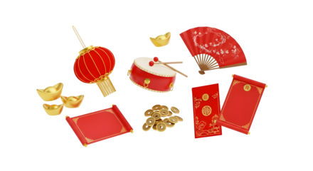 Festive lunar new year elements create a joyful and prosperous atmosphere for holiday greetings and cultural celebrations with symbols of wealth