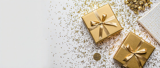 gold gift box with confetti on white background