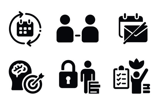 Set of business and productivity icons in bold silhouette design