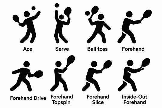 Tennis player actions silhouette icons for sports infographics and guides