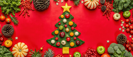 Christmas tree made of fresh vegetables and fruits on red background.
