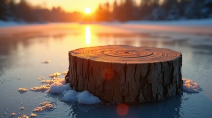 Wooden log pedestal on frozen lake at sunset with forest background