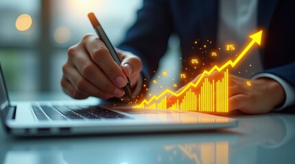 Businessman analyzing financial growth chart on laptop with rising stock market graph
