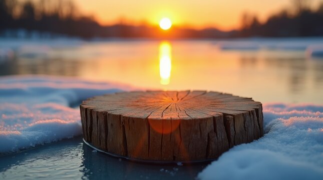 Wooden log pedestal on frozen lake at sunset with forest background - Powered by Adobe