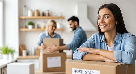 Happy woman leaning on moving boxes in a bright kitchen, with friends unpacking in the background, symbolizing a fresh start and the joy of moving into a new home