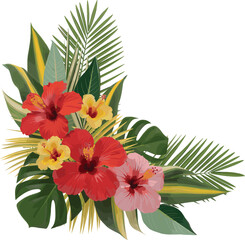 Vibrant tropical floral arrangement with red hibiscus, lush green palm leaves, exotic summer bouquet design, botanical decorative corner element © Vactor Creatives