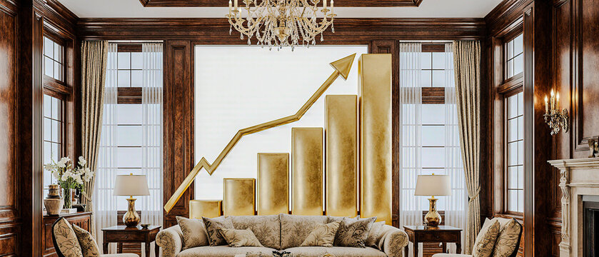 Business growth graph with rising arrow displayed in an elegant new-traditional living room, blending luxury home design with modern financial visualization.