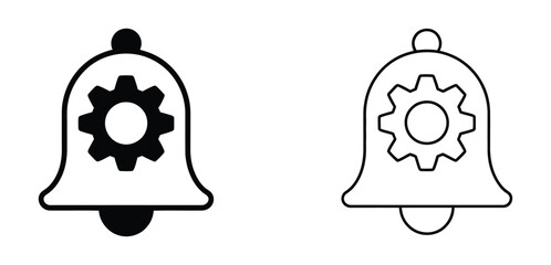 Notification Bell With Gear Line And Solid Icon Set. Alert Settings, Customization, And Configuration Silhouette Symbol Collection. Manage Notifications And Preferences. Isolated Vector Illustration.