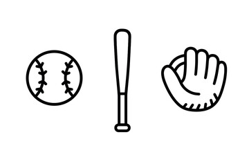 Baseball essentials: simplistic line art of ball, bat, and glove