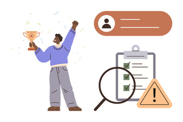 Person holding trophy and cheering, checklist with checkmarks and warning, user profile icon. Ideal for success, achievement, validation, task management, online profile, alerts simple flat metaphor
