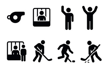 Hockey icon set: whistle, referee, players, celebration, penalty box
