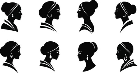 Silhouettes of diverse womens heads in profile, showcasing various hairstyles and elegant features, isolated on