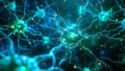 Abstract glowing neurons with electric impulses amidst a dark blue and green speckled, glittering background