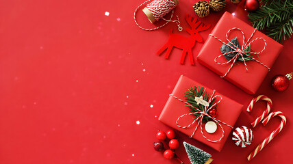 Festive christmas flat lay with red gifts, ornaments, and candy canes on a vibrant red background