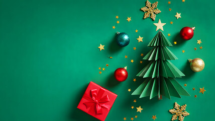 Christmas decorations on green background featuring a paper tree gift and ornaments scattered around it