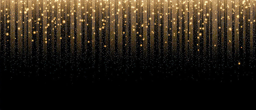 Black background with golden particles raining gently from the top, center free for elegant typography.