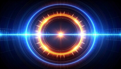 Abstract concentric circles radiate outwards in vibrant blue and orange hues