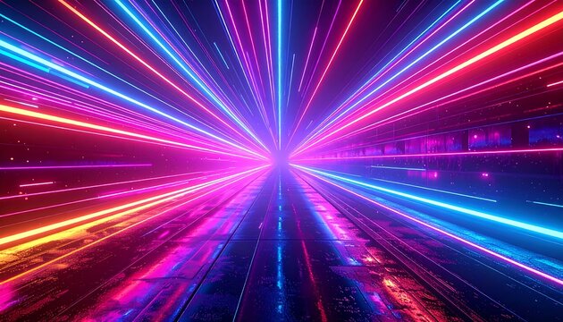 Abstract, long-exposure style image of neon blue, pink, red and yellow lights radiating from a bright center point