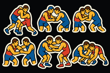 Fototapeta premium Dynamic wrestling duo stickers in bold colors on dark background