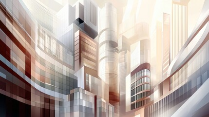 An abstract cityscape featuring modern buildings with glass facades and geometric shapes, bathed in soft, warm sunlight.