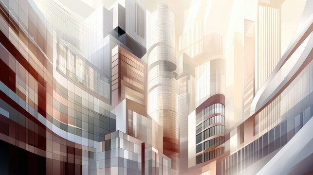 An abstract cityscape featuring modern buildings with glass facades and geometric shapes, bathed in soft, warm sunlight.