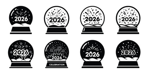 Illustration of the new year celebration snow globe silhouette vector icon set. happy New Year 2026 vector icons