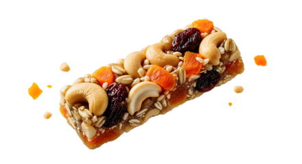 Granola bar with cashews, dried apricots, dried cranberries, and oats isolated on white background, healthy snack option
