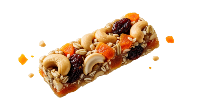 Granola bar with cashews, dried apricots, dried cranberries, and oats isolated on white background, healthy snack option