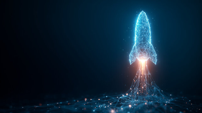 A futuristic rocket launch for a startup business, a glowing blue wireframe and hologram, a concept of success, innovation, and digital growth - Powered by Adobe