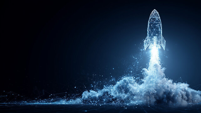 A futuristic rocket launch for a startup business, a glowing blue wireframe and hologram, a concept of success, innovation, and digital growth