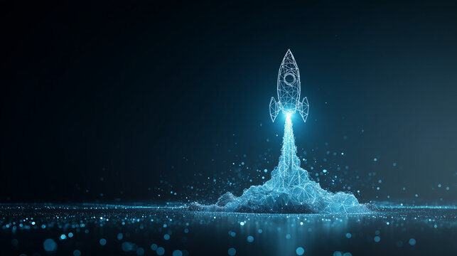 A futuristic rocket launch for a startup business, a glowing blue wireframe and hologram, a concept of success, innovation, and digital growth