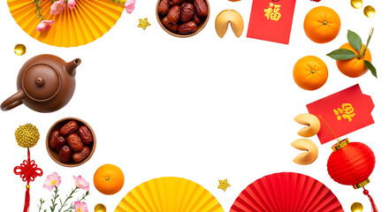 Celebrate Chinese New Year with vibrant red lanterns, oranges, fortune cookies, golden stars, and a teapot for a festive, prosperous, and joyful holiday feast