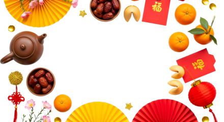 Celebrate Chinese New Year with vibrant red lanterns, oranges, fortune cookies, golden stars, and a teapot for a festive, prosperous, and joyful holiday feast