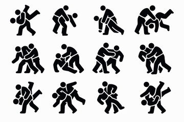 Martial arts silhouettes: variety of grappling and throwing techniques