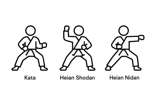 Minimalist line art karate poses with various kata positions