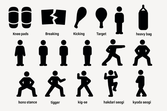 Karate training silhouettes collection with stances and gear icons